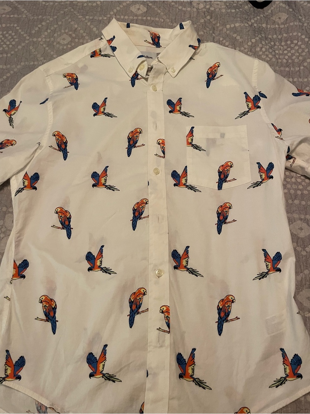 Goodfellow & Co White Button-Down Shirt with Orange and Blue Parrot Print